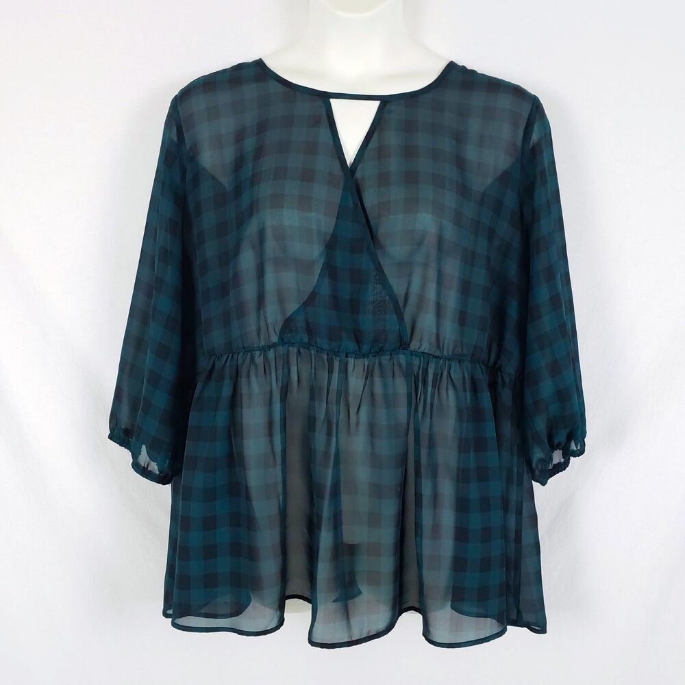 Torrid Soft Grunge Gingham Plaid Sheer Chiffon Peplum Top Womens 3X Green Alt